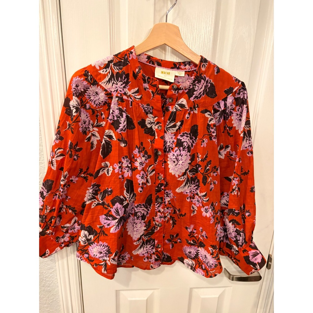Maeve Anthropologie Blouse Orange Purple Floral Cotton Button Down Top Boho S